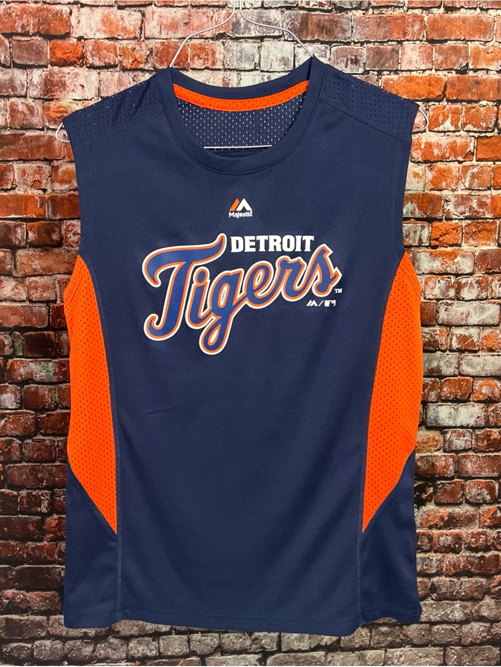 Majestic Navy and Orange Detroit Tigers Sleeveless Jersey
